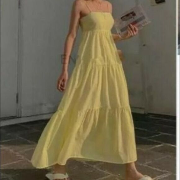 ZARA Cotton Sleeveless Tiered Midi Dress Yellow M - Picture 1 of 15